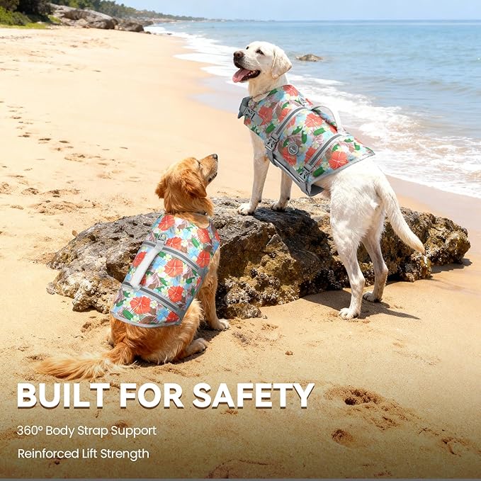 VIVAGLORY Rip Stop Dog Life Vest, Swimming Vest with Handle, Buoyancy for Doggy Puppy, Dog Life Jacket for Swimming & Boating, M, Floral Orange
