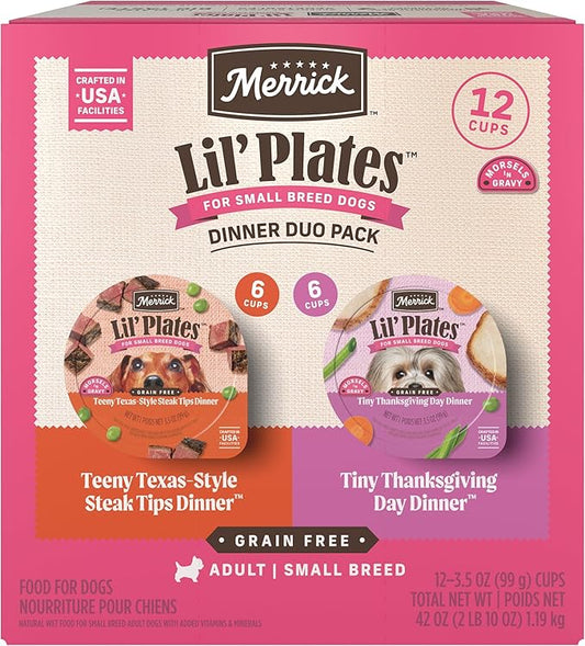Merrick Lil’ Plates Grain Free Dinner Duos Soft Natural Wet Dog Food Variety Pack, Beef and Turkey . Tubs Small, 1-Pack, 2.6lb