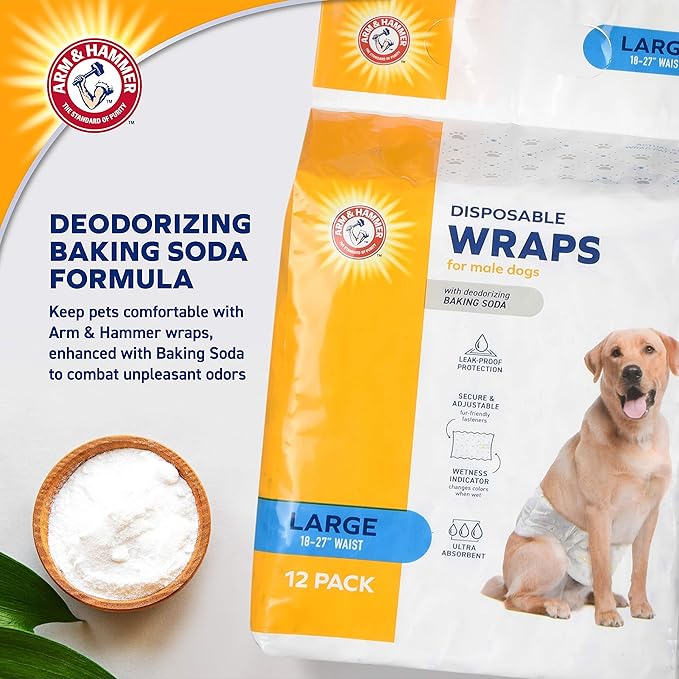 Arm & Hammer Large Male Dog Wraps, Disposable Belly Band Diapers with Baking Soda Odor Control, Super Absorbent Leak Resistant Design for Marking and Incontinence, 18-27 Inch Waist, 12 Count - 6 Pack