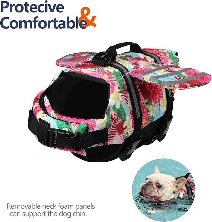 Dog Life Jacket, Wings Pet Life Vest for Swimming Boating Reflective Dog Flotation Swim Vest with Handle and Chin Float for Small Medium Large Size Dogs, M, Floral Pink