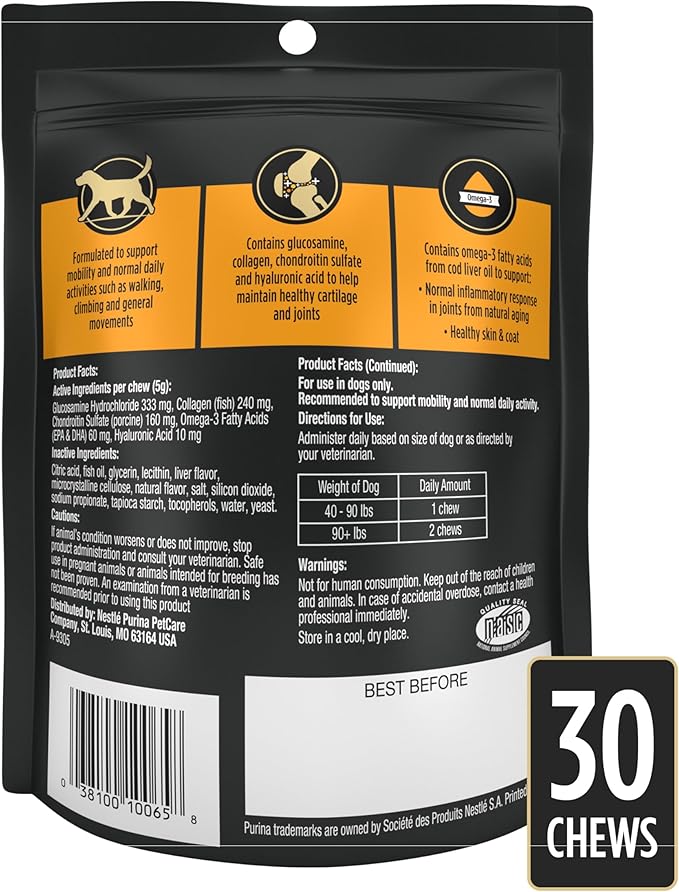 Purina Pro Plan Veterinary Large Breed Dog Joint Care Supplement with Glucosamine, Chondroitin, and Collagen to Support Hip and Joint Health – 30ct Pouch