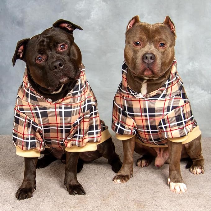 EXPAWLORER Plaid Dog Hoodie - British Style Warm Dog Sweater Shirt with Leash Hole,Pitbull Clothes Outfits,Winter Coat Apparel for All Breeds Puppy Girl Boy-Cat Apparel,Beige Large