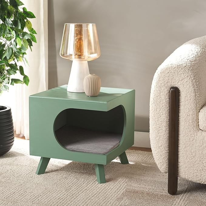 SAFAVIEH Home Collection Bean Mid-Century Sage Green Square Covered Cave Small Pet Cat Bed (Fully Assembled)