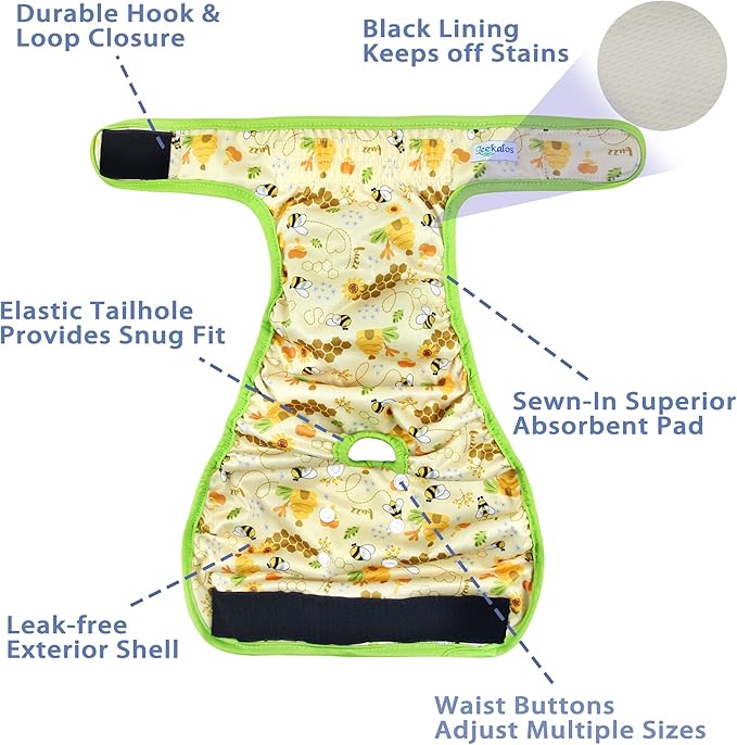 Leekalos Reusable Washable Dog Diapers Female (3 Pack) - Highly Absorbent Doggie Diapers - Size Adjustable Puppy Diapers for Dog Period Panties (Medium, Honeybee)