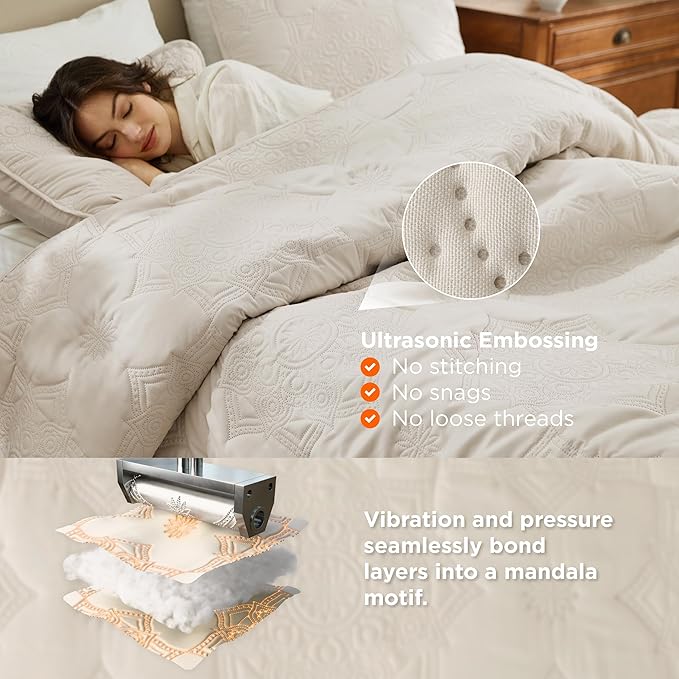 Bedsure King Size Quilt - Stitch-Free Ultrasonic Quilting, Beige Bedspread with Modern Vintage Mandala Embossed Pattern, Lightweight All-Season Comforter & Coverlet, 106 x 96 Inches | Stitch-Free Quilting, Ultra Soft, Lightweight, Machine Washable, Pet...