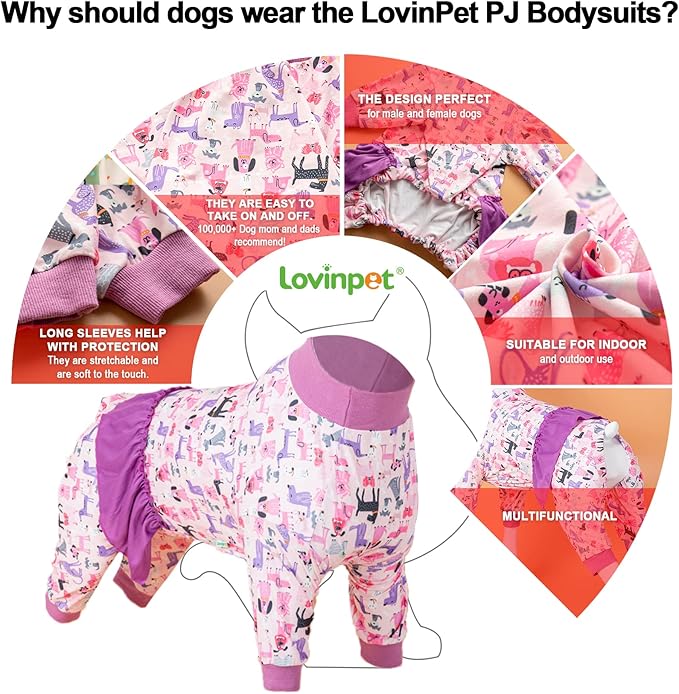 LovinPet Long Sleeve Onesie for Large Dogs, High Collar Cotton Dog Shirt, Anti-Shedding, Lightweight Stretchy Knit, Stop Shedding for Dogs, Pink Puppy Print, Shirt for under dog dresses, Pet Pj's, 2XL