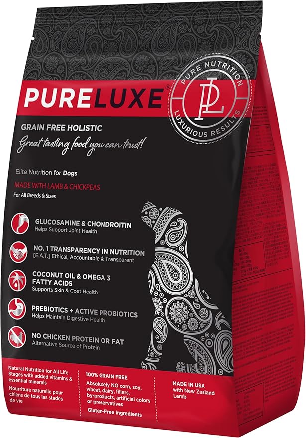 PURELUXE Grain and Gluten Free Dog Food, Lamb and Chickpea Elite Nutrition, Hypoallergenic, for All Breeds and Sizes, All Life Stages, Made in The USA, 11lbs