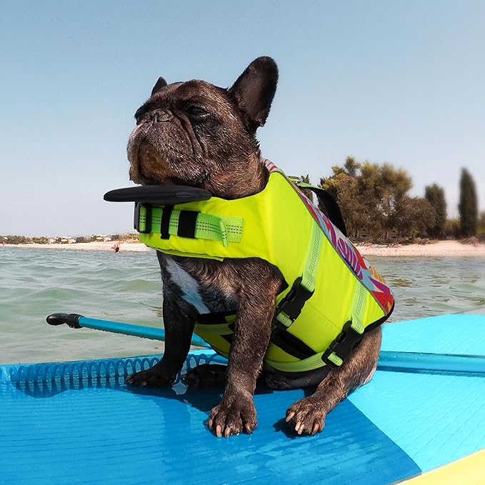 cyeollo Dog Life Jacket Reflective Printed Dog Life Vest for Swimming Boating, High Buoyancy Pet Safety Vest Lightweight Small Medium Large Dog Lifejackets with Front Float, Fluorescent Yellow L