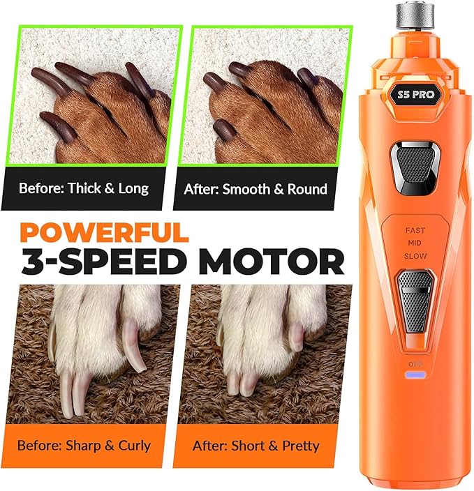 Whisper Quiet Dog Nail Grinder with LED Light, Safe & Stress-Free for Sensitive Dogs of All Breeds & Sizes, 3 Grinding Bits, 3-Speed, Pet Nail Trimmers, Rechargeable Painless Grooming Kit Orange