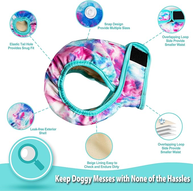 Langsprit Washable Female Dog Diapers (3 Pack) - No Leak Reusable Diapers for Doggy Female in Period - Highly Absorbent Dog Heat Panties with Adjustable Snaps Colourful XXL Size