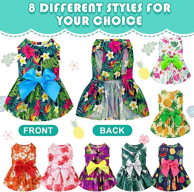 LEIFIDE 8 Pcs Summer Themed Hawaii Dog Dresses Holiday Flamingo Fruit Floral Pattern Pet Skirts Hawaii Puppy Princess Dresses Outfits Bowknot for Girl Dogs Cats Beach(Large)