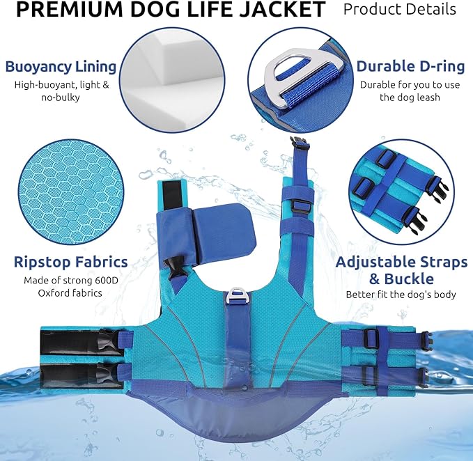 Queenmore Dog Life Jacket Large, Pet Pool Float with Chin Float, Large Dog Life Vest for Swimming, Adjustable Ripstop Pet Life Vest for Water at Pool, Beach, Boating (Blue,XL)