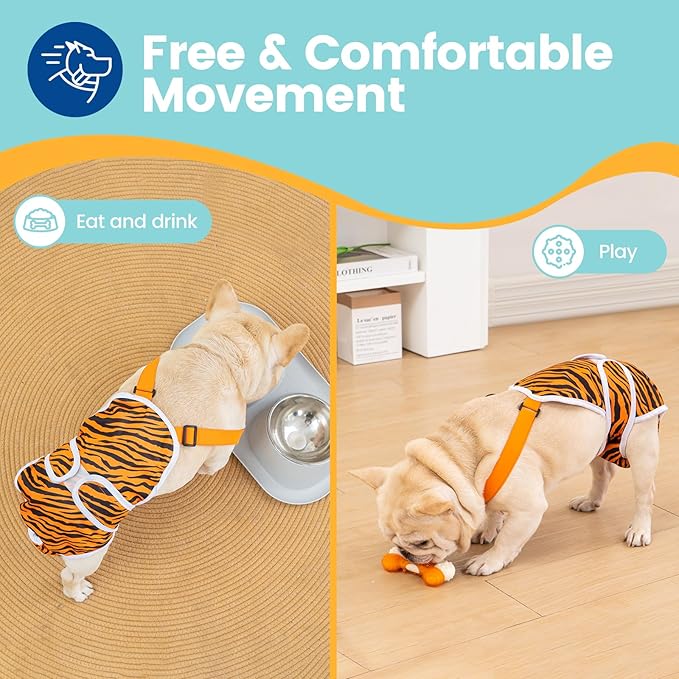 Avont 3 Pack Frenchie Dog Diapers Female, Washable Reusable Girl Doggie Pants for Period Heat Cycle, Full Body Cover Onesie with Adjustable Straps -Tiger/Cow/Leopard XL