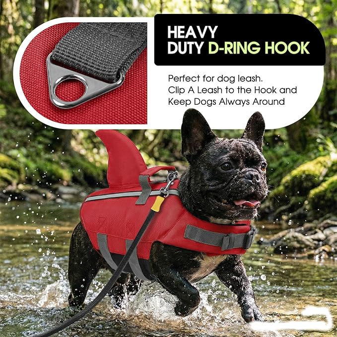 SUNFURA Dog Life Jacket Shark Life Vest for Dogs, Adjustable Swmming Vest with High Buoyancy, Safety Lifesaver with Rescue Handle for French Bulldog Small Medium Breeds, Burgundy L