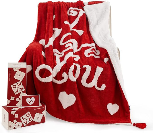 Bedsure Valentines Day Throw Blanket - Soft and Warm Sherpa Heart Throws Valentines Day Gifts for Him and Her, I Love You Red 50"x60"