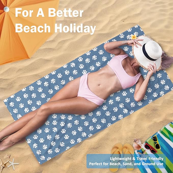 Blue Paws Dog Pet Beach Towel Gifts for Women Dog Lovers Owner, Funny Cute Quick Dry Travel Sand Free Beach Towels Oversized Decor for Bathroom Swimming Pool 30x60in