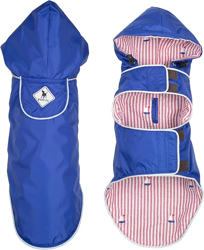 THE WORTHY DOG Seattle Slicker Dog Rain Jacket – Lightweight Water-Resistant Coat with Reflective Trim, Adjustable Fit, Hood Drawcord & Covered Harness Hole - Blue, X-Large