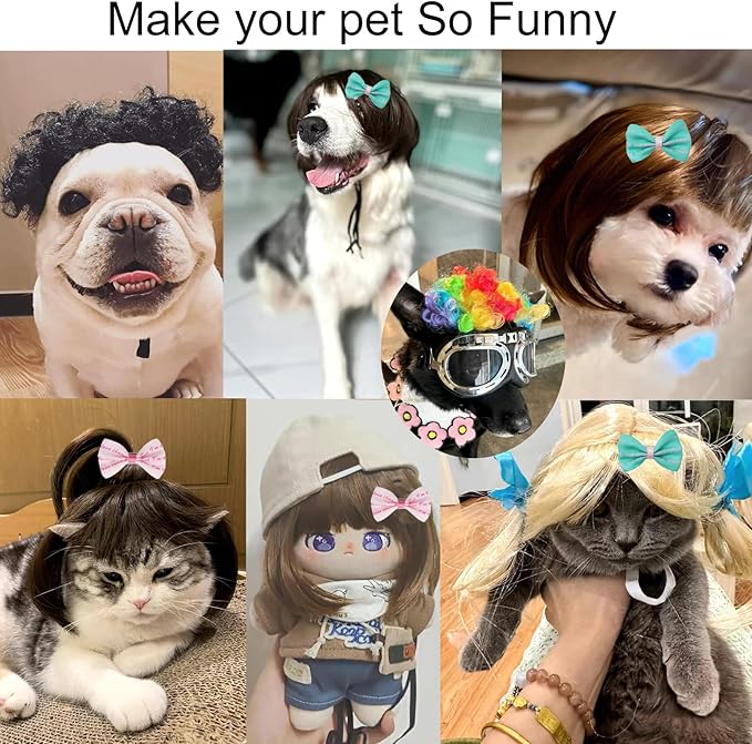 Funny Dog Wig Pet Costumes, Cat Costume Synthetic Hairpiece Cosplay Wigs, Headwear for Halloween Christmas Festivals Party Decor, Fancy Dress,Average Size for Most Dog Cat,Colorful Curly