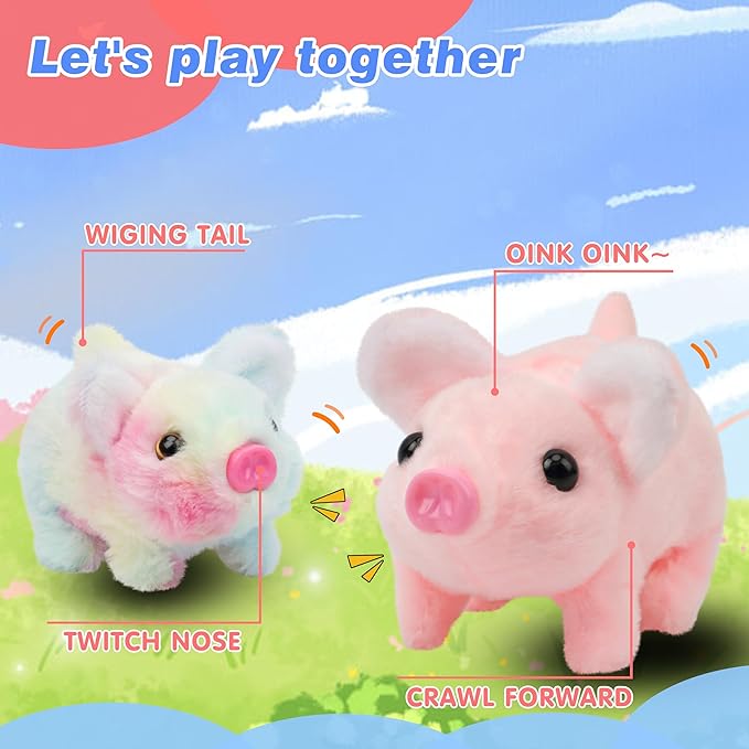 Hopearl Walking Piggy Pet Interactive Crawling Piglet Electronic Plush Toy Pig Oink Twitch Nose Wag Tail Animated Gifts for Toddlers Birthday, Rainbow, 8''