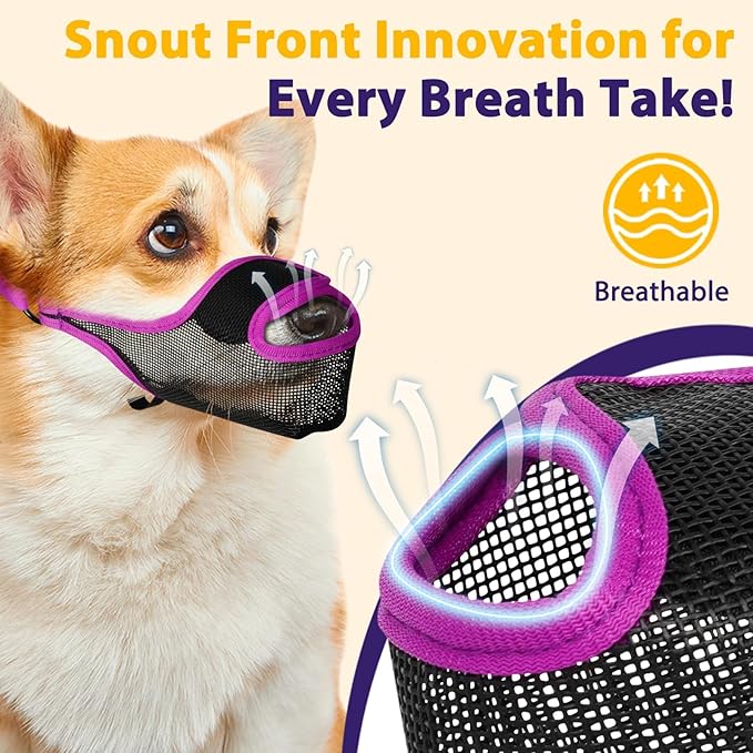 LUCKYPAW Dog Muzzle, Patented Mesh Muzzle for Large Medium Small Dogs Allows Full Pant Drinking Mouth Cover to Prevent Biting Chewing Scavenging Adjustable Breathable Mouth Guard(L, Purple)