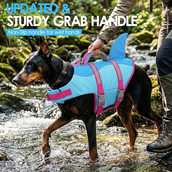 AOFITEE Dog Life Jacket, Shark Dog Life Vest for Swimming Boating, High Flotation Pet Lifesaver with Rescue Handle, Reflective French Bulldog Lifejacket, Swim Vest for Small Medium Large Dogs, M