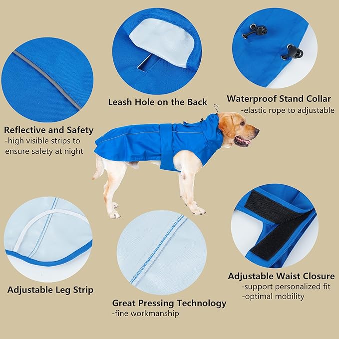 Adjustable Waterproof Dog Raincoat for Dogs,Lightweight Pet Rain Jacket Puppy Clothes with Reflective Strip for Small Medium Large Dogs (Blue, X-Large)