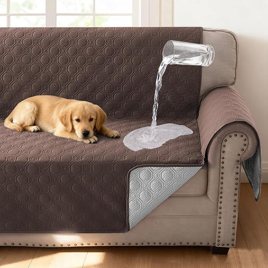 H.VERSAILTEX 100% Waterproof Couch Cover for Dogs Washable Thick Soft Love Seat Couch Covers with Storage Pocket Non Slip Furniture Protector with Elastic Straps(Loveseat, Brown)