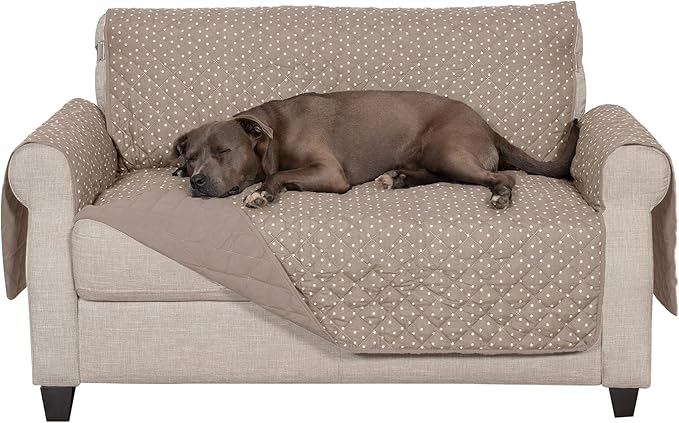 Furhaven Water-Resistant & Reversible Loveseat Cover Protector for Dogs, Cats, & Children - Quilted Polka Paw Living Room Furniture Cover - Biscuit Brown, Loveseat