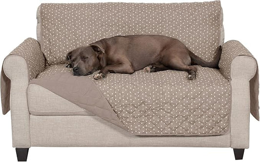 Furhaven Water-Resistant & Reversible Loveseat Cover Protector for Dogs, Cats, & Children - Quilted Polka Paw Living Room Furniture Cover - Biscuit Brown, Loveseat
