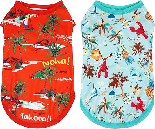 Hawaiian Dog Shirts for Small Dog Puppy Doggie Girl Boy Bule Red Sleeveless Tank Top Tee Vest T Shirts Male Female Summer Outfit Pack of 2