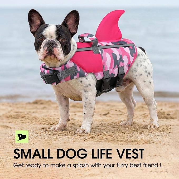 SUNFURA Dog Life Jacket Shark Life Vest for Dogs, Adjustable Swmming Vest with High Buoyancy, Safety Lifesaver with Rescue Handle for French Bulldog Small Medium Breeds, PinkCamo M