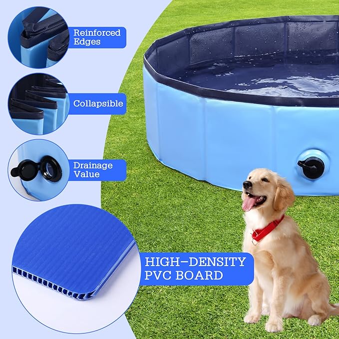 Foldable Dog Pool, Portable Pet Bath Tub and Kiddie Swimming Pool, Collapsible Bathtub for Puppies, Small, Medium and Large Dogs, Cats and Kids, 55 x 12 in, Blue