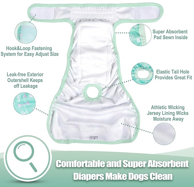 wegreeco Washable Female Dog Diapers Highly Absorbent Reusable Diapers for Dog in Heat Period, 3 Pack (Dog Bone, XX-Large)