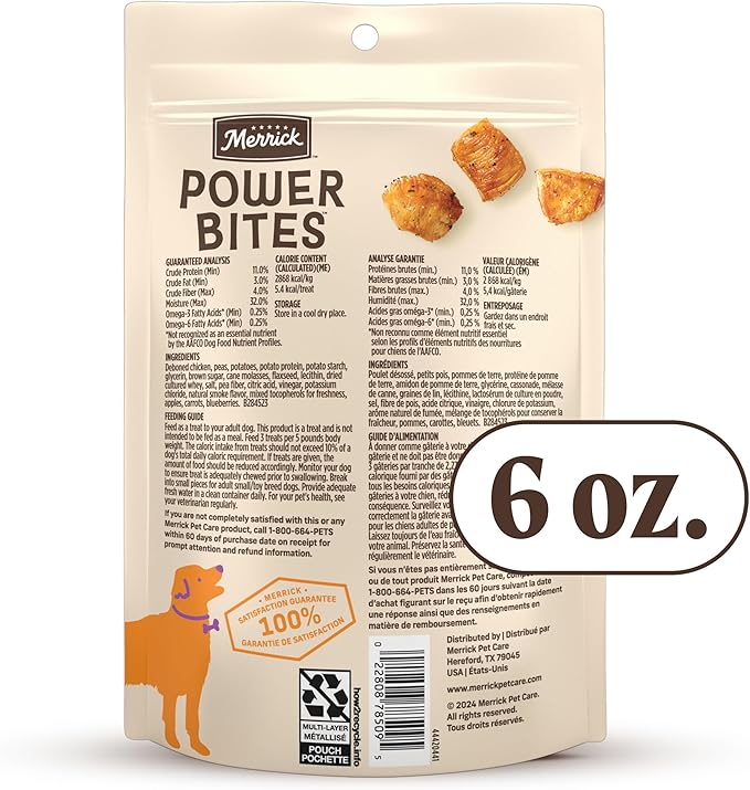 Merrick Power Bites Natural Soft And Chewy Real Meat Dog Treats, Grain Free Snack With Real Chicken Recipe - 6 oz. Bag