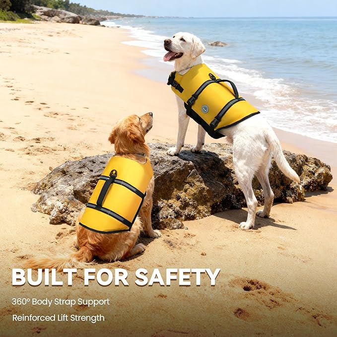 VIVAGLORY Rip Stop Dog Life Vest, Swimming Vest with Handle, Buoyancy for Doggy Puppy, Dog Life Jacket for Swimming & Boating, M, Yellow