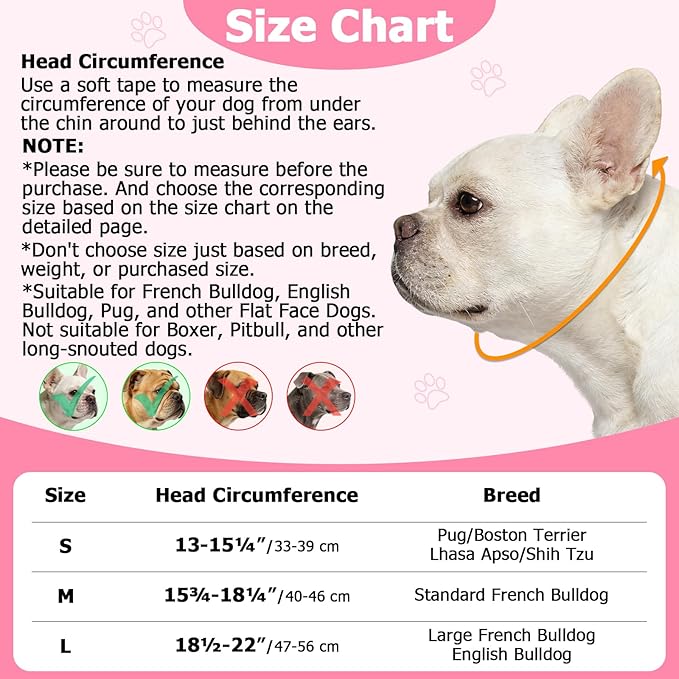 BARKLESS French Bulldog Calming Muzzle – Short Snout Eye-Shading Cover for Grooming & Vet Visits, Soft Breathable Dog Muzzle to Help Reduce Biting (Pink, M)