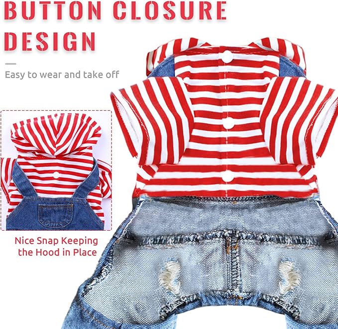 Small Dog Hoodie Clothes Cute Stripe Shirts Denim Jumpsuit One-Piece Outfit for Small Medium Dogs Cats Boy Girl Chihuahua Blue Jeans Overalls Puppy Costume (Red,XXL)