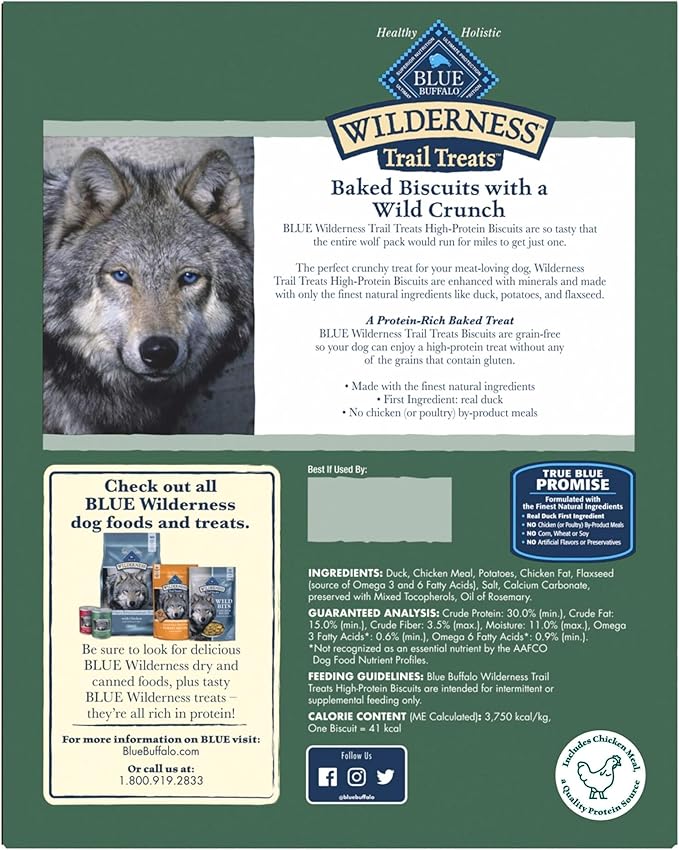 Blue Buffalo Wilderness Trail Treats High Protein Grain Free Dog Biscuits Crunchy Dog Treats, Duck Recipe, 36-oz Box (Pack of 3)