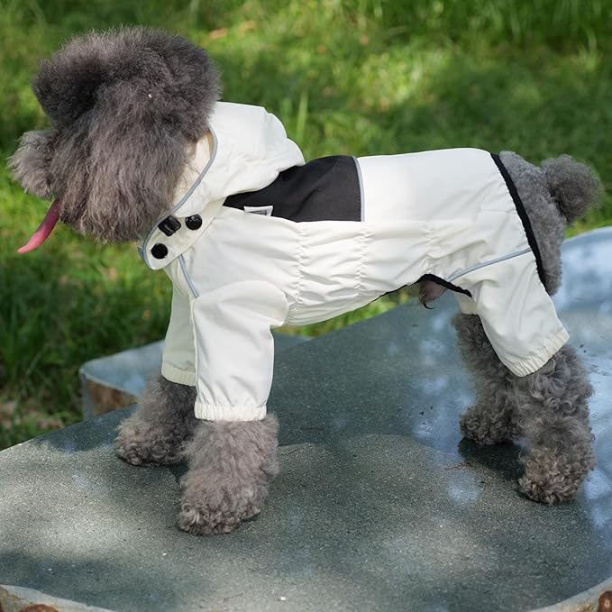 LOVELONGLONG Waterproof Dog Raincoat with Removable Hood – Outdoor Full Body Dog Jacket, Windproof Snowproof Shell Suit – All Season Pet Rain Gear Ivory XXL