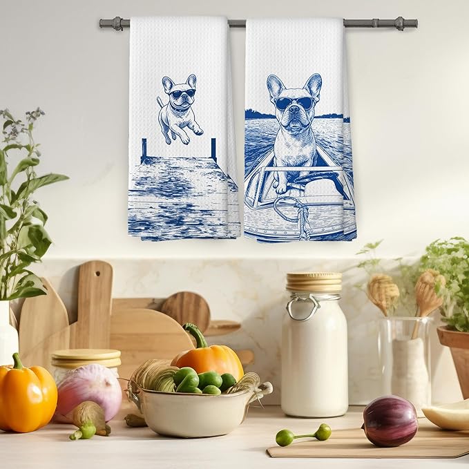 Lake House Decor French Bulldog Kitchen Towels Set of 2, Summer Funny Lake Dog Coastal Bathroom Hand Towel, Dog Lover Gifts Tea Towel Dish Towels 16x24 Inch