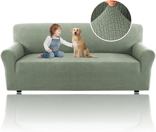 H.VERSAILTEX Stretch Sofa Slipcovers Soft Sofa Covers Washable 1 Piece Jacquard Sofa Covers with Crizzle Pattern Furniture Protector 3 Seater Sofa with Elastic Bottom for Kids,Dog(Sofa, Sea Grass)