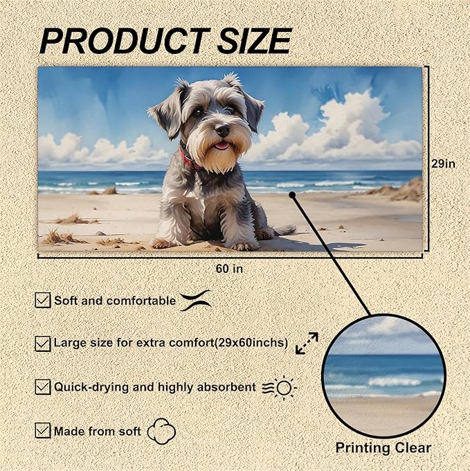 Schnauzer Dog Beach Towel, Schnauzer Gifts Pool Towels, Schnauzer Decor Sand Towel Large Bath Towels Gifts for Women Men, Schnauzer Gifts for Women, Mini Schnauzer Gifts, 29x60in