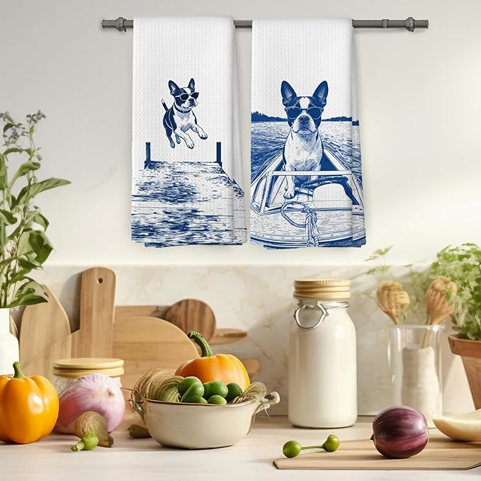 Lake House Decor Boston Terrier Kitchen Towels Set of 2, Summer Funny Lake Dog Coastal Bathroom Hand Towel, Dog Lover Gifts Tea Towel Dish Towels 16x24 Inch