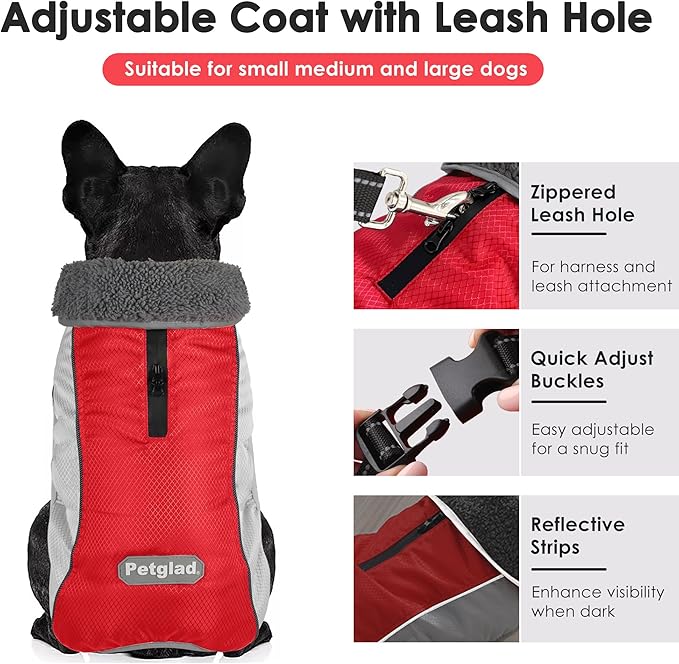 Dog Coat, Waterproof Ripstop Dog Winter Jacket with Leash Hole, Reflective Adjustable Warm Pet Fleece Snow Sweater for Small Medium Large Dogs - Red, S