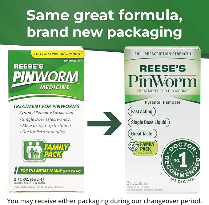 REESE'S PINWORM Medicine Liquid for Entire Family, Full Prescription Strength, 2 Oz, Pack of 2, #1 Doctor Recommended Single Dose Pyrantel Pamoate Dewormer for Adults & Kids Ages 2+, Banana Flavor