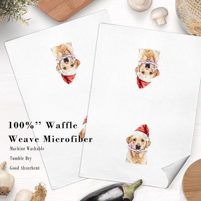 Christmas Labrador Retriever Kitchen Dish Towels, Labrador Retriever Gifts for Women, Funny Santa Hat Candy Cane Dog Holiday Decorative Hand Tea Towels for Bathroom, 16x24 Inch