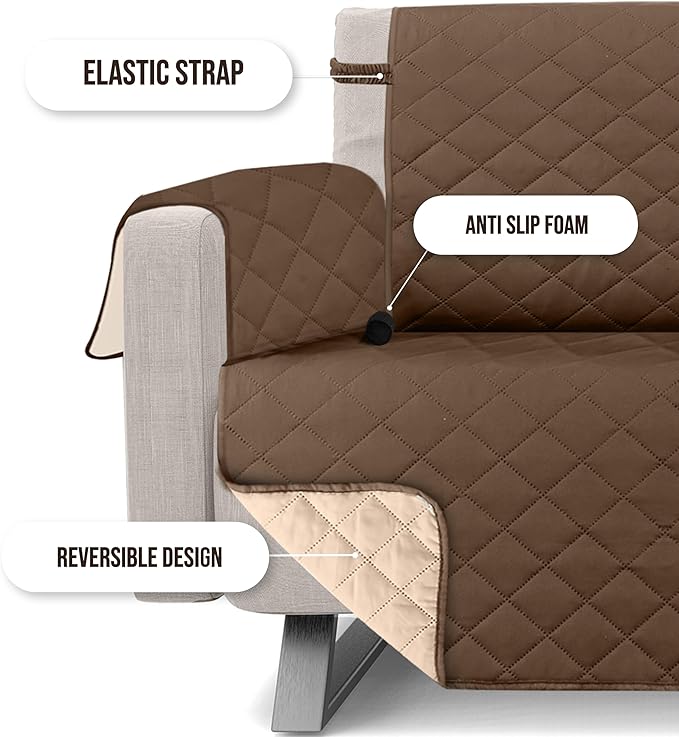 Utopia Bedding Reversible Sofa Couch Cover, Water Resistant Slipcover Furniture Protector with Foam Sticks and Elastic Straps for Kids Dogs Pets (3 Seater, Brown/Beige)