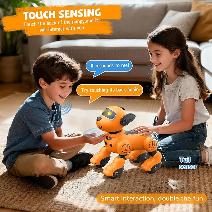 PRANITE Children's Remote Control Robot Dog, Programmable Toy Touch Interactive, Music Interactive Toy, with Follow Mode [Yellow]