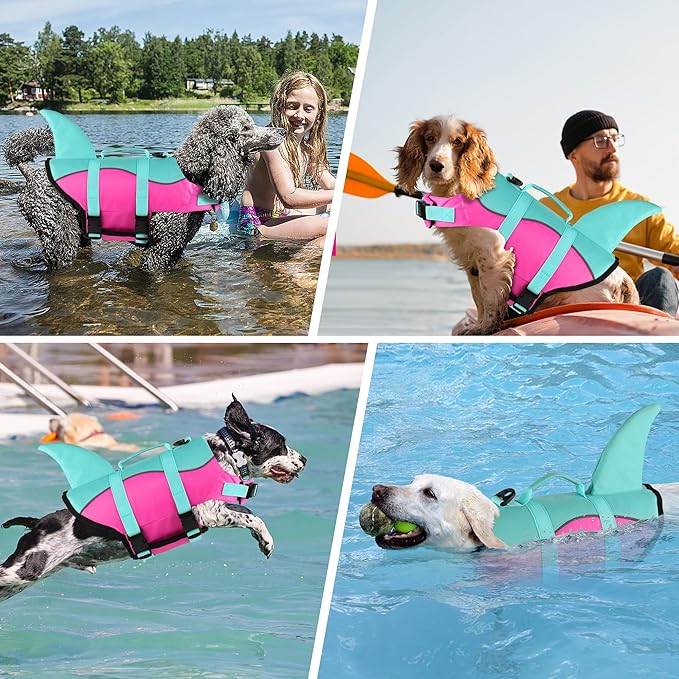 Dogcheer Dog Life Jacket Shark, Ripstop Dog Life Vest for Swimming Boating with Reflective Stripes & Rescue Handle, High Buoyancy Pet Swim Vest for Small Medium Large Dogs - Pink & Green, XS