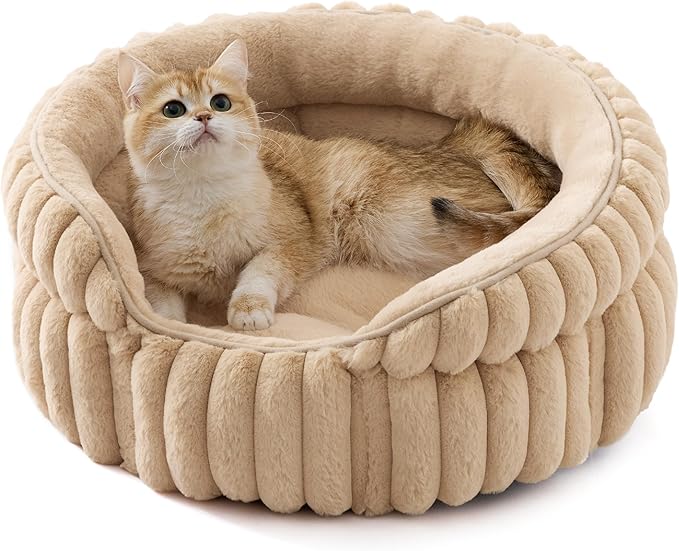 Bedsure ComfyFleece™ Cat Bed, Washable Round Cute Pet Beds for Indoor Cats, Super Soft Corduroy Kitten Bed with Anti-Slip Bottom, 20''x20''x8'', Sandy Beige
